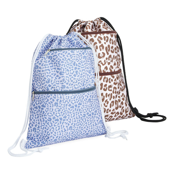 2-Pack Cinch Sack Drawstring Backpack for Beach Trips, 13x17-Inch Water Resistant Gym Bag with Zippered Front Pockets for Amusement Parks and Yoga (Animal Print)