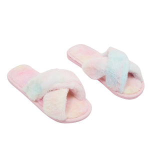 Fuzzy Flip Flops for Women, Pastel Tie Dye Slide Slippers (L, US Size 9)