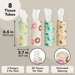 8 Pack Round Tissue Boxes for Car Cup Holder, Travel Size Refill Cylinder, 4 Assorted Festive Designs (50 Tissues Per Container)