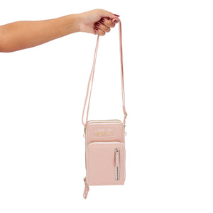 Small Crossbody Strap Cell Phone Purse for Women, 3 Zipper Compartments, Card Slots (Light Pink, 5 x 3 x 7 In)