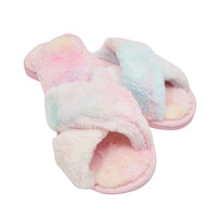 Fuzzy Flip Flops for Women, Pastel Tie Dye Slide Slippers (L, US Size 9)