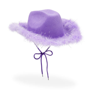 Womens Cowboy Hat - Cute, Fluffy, Sparkly Cowgirl Hat with Feathers for Halloween, Birthday, Bachelorette Party (Purple)
