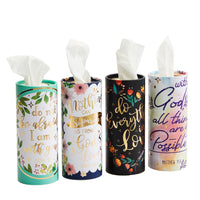 8 Pack Round Tissue Boxes for Car Cup Holder, Travel Size Refill Cylinder, 4 Religious Quote Designs (50 Tissues Per Container)
