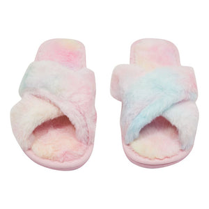 Fuzzy Flip Flops for Women, Pastel Tie Dye Slide Slippers (L, US Size 9)