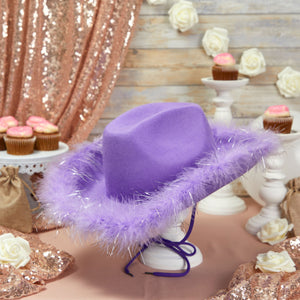 Womens Cowboy Hat - Cute, Fluffy, Sparkly Cowgirl Hat with Feathers for Halloween, Birthday, Bachelorette Party (Purple)
