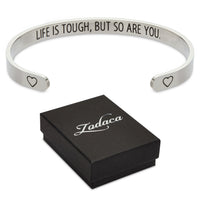 Inspirational 7" Silver Cuff Bracelet for Women, Motivational Engraved Bangle, Life is Tough but So Are You (One Size Fits Most)