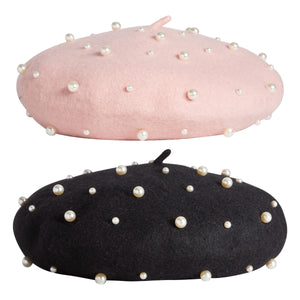 2 Pack Wool Pearl Pink and Black French Beret Hat for Women, 11 Inches