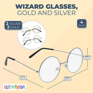 4 Pack Fake Round Wizard Glasses for Halloween Party Costumes Eyewear Accessories Favors, Gold and Silver