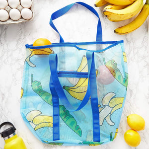 2 Pack Blue Mesh Beach Tote Bag with Zipper Pocket for Women, Reusable Grocery Shopping Bag, Banana Design, 18 x 16 x 9 in
