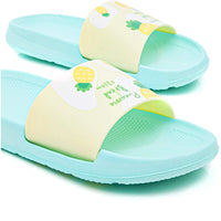 Pineapple Printed Beach Slide Slippers for Women in Green, Yellow (Small)