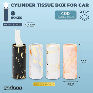 8 Pack Round Tissue Boxes for Car Cup Holder, Travel Size Refill Cylinder, 4 Marble Gold Foil Designs (50 Tissues Per Container)