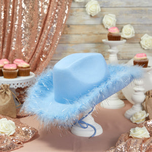 Womens Cowboy Hat - Cute, Fluffy, Sparkly Cowgirl Hat with Feathers for Halloween Costume, Dress Up Birthday, Bachelorette Party Accessories (Light Blue)