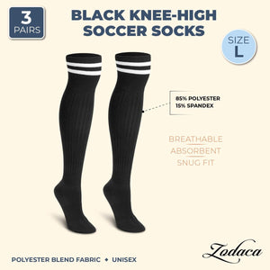 Black Knee High Soccer Socks (Unisex, Large, 3 Pairs)