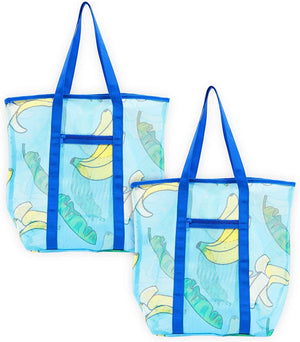 2 Pack Blue Mesh Beach Tote Bag with Zipper Pocket for Women, Reusable Grocery Shopping Bag, Banana Design, 18 x 16 x 9 in