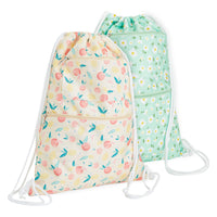 2-Pack Cinch Sack Drawstring Backpack for Beach Trips, 13x17-Inch Water Resistant Gym Bag with Zippered Front Pockets for Amusement Parks and Yoga (Floral Print)