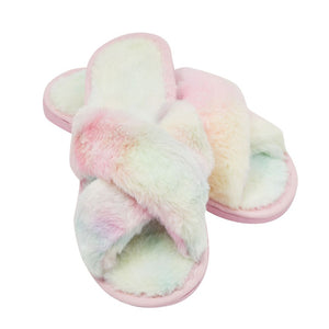 Fuzzy Flip Flops for Women, Pastel Tie-Dye Slide Slippers (S, US Size 7)