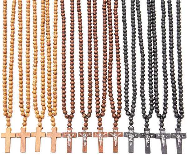 12-Pack Catholic Rosary Wood Beads Necklace, Holy Cross Pendant for Prayer, Baptism & Christening Gifts (17 inches Long)