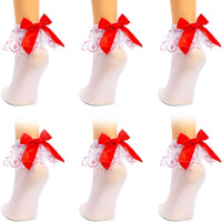 White Ruffle Ankle Socks with Red Bow (3 Pairs)
