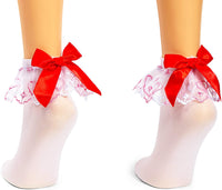 White Ruffle Ankle Socks with Red Bow (3 Pairs)