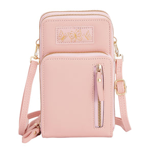 Small Crossbody Strap Cell Phone Purse for Women, 3 Zipper Compartments, Card Slots (Light Pink, 5 x 3 x 7 In)