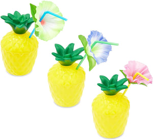 Plastic Pineapple Cups with Lids and Straws for Hawaiian Party (10 oz, 12 Pack)
