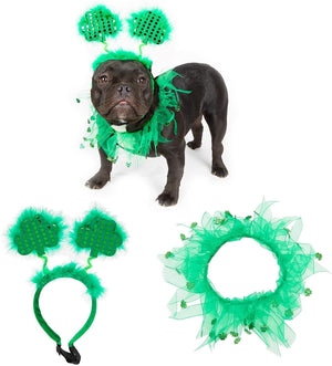 St. Patrick's Dog Clothes, Shamrock Headband and Tutu, Med to Large Pets (2 Pieces)