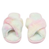 Fuzzy Flip Flops for Women, Pastel Tie-Dye Slide Slippers (S, US Size 7)