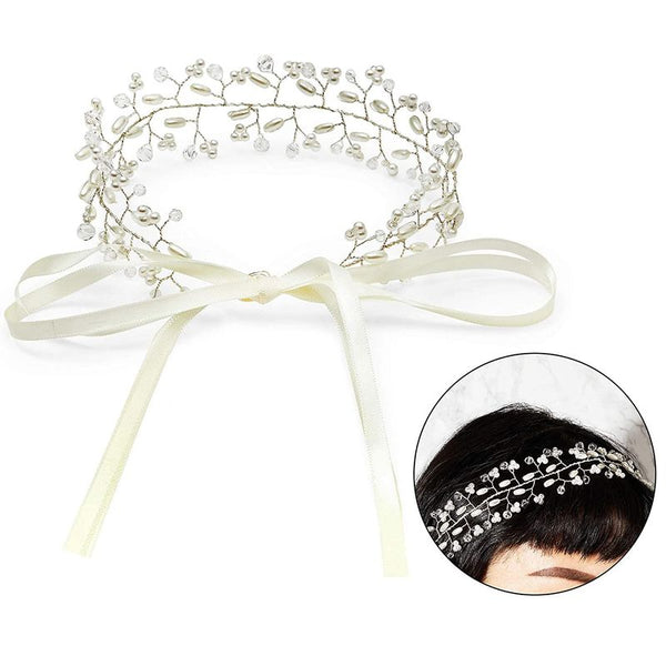 White Bridal Headband for Wedding, Crystal Pearl Headpiece Hair Accessory