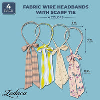 Fabric Wire Headbands with Scarf Tie in 4 Designs (4-Pack)