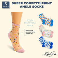 Sheer Ankle Socks in 3 Colors with Confetti Pattern for Women (3 Pairs)