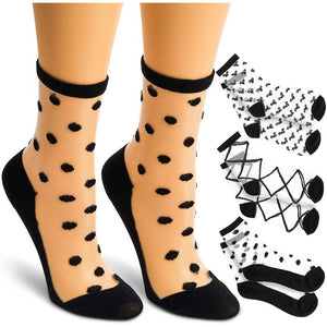 Sheer Ankle Socks in Stripes, Argyle and Bow Patterns (Black and White, 3 Pairs)