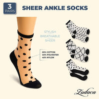 Sheer Ankle Socks in Stripes, Argyle and Bow Patterns (Black and White, 3 Pairs)
