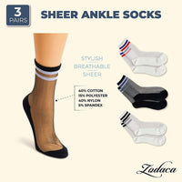 Sheer Socks with Athletic Stripes for Women in 3 Designs (3 Pairs)