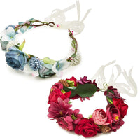Flower Crown Headband with Adjustable Ties in Red and Blue (2 Pack)