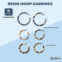 Resin Tortoise Shell Hoop Earrings for Women (8 Pairs)
