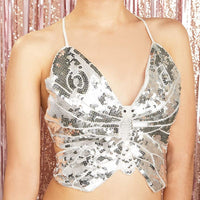 Sequin Butterfly Crop Top for Women (Silver, One Size)