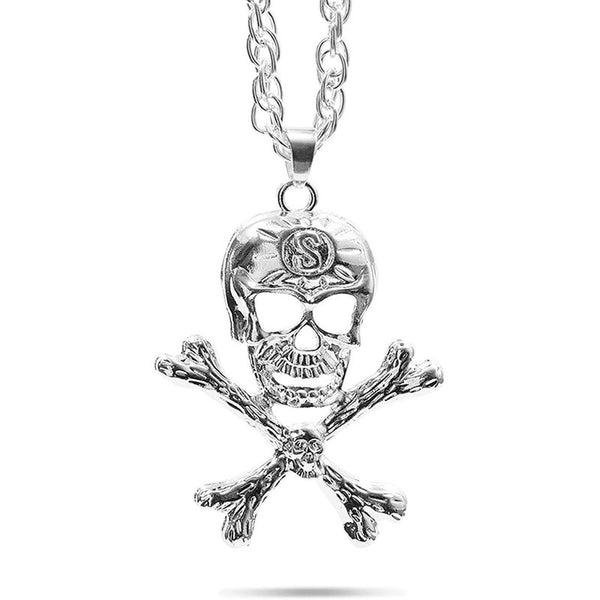 Gothic Skull and Crossed Swords Necklace (28 Inches, Silver)