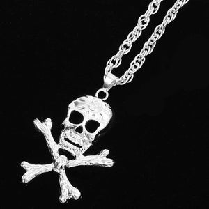 Gothic Skull and Crossed Swords Necklace (28 Inches, Silver)
