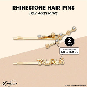 Taurus Zodiac Hair Pins, Rhinestone Barrettes (Gold, 2 Pack)