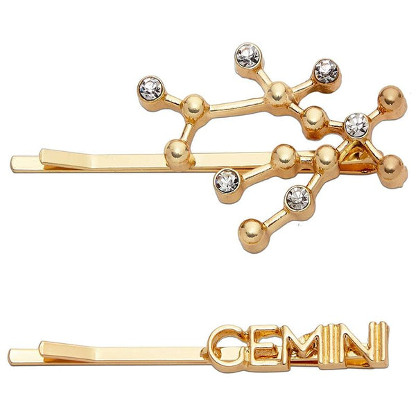Gemini Zodiac Hair Pins, Rhinestone Barrettes (Gold, 2 Pack)
