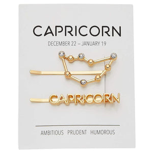 Capricorn Zodiac Hair Pins, Rhinestone Barrettes (Gold, 2 Pack)