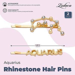 Aquarius Zodiac Hair Pins, Rhinestone Barrettes (Gold, 2 Pack)