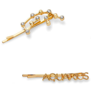 Aquarius Zodiac Hair Pins, Rhinestone Barrettes (Gold, 2 Pack)