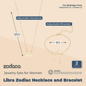 Libra Zodiac Necklace and Bracelet, Astrology Jewelry Set for Women (2 Pieces)
