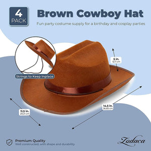 Zodaca Brown Western Cowboy Hat for Kids, Unisex Youth (4 Pack)