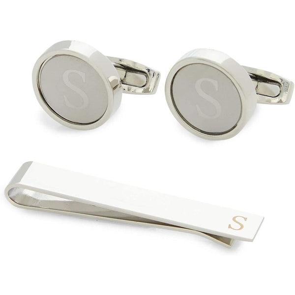 Men’s Initial Cufflinks and Tie Clips Set with Gift Box, Letter S (3 Pieces)