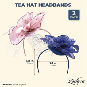 Zodaca Tea Hat Fascinator Headbands for Women with Mesh and Feathers (2 Pack) Blue