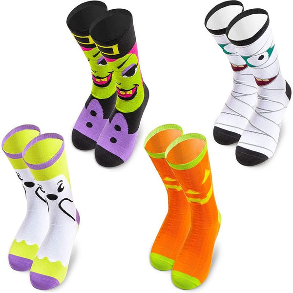 Halloween Crew Socks for Adults, Witch, Ghost, Pumpkin & Mummy (4 Pairs)