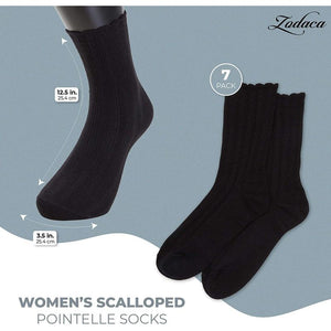 Dress Socks for Women, Thin Pointelle Socks with Scallop Edge (Black, 7 Pairs)