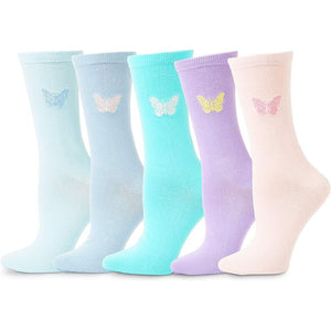 Butterfly Crew Socks for Women and Girls (5 Colors, One Size, 5 Pairs)